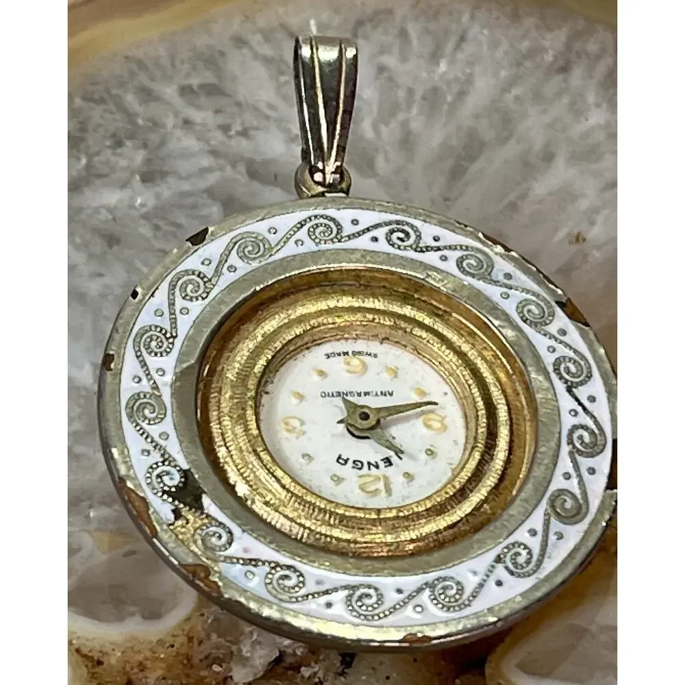 Vintage Ienga Swiss Made Pendant Watch White Enamel Gold Tone 15.7g